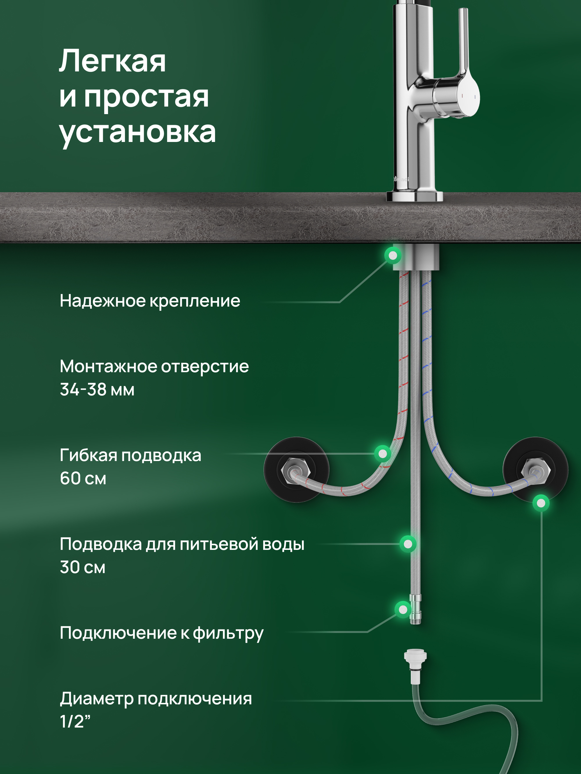 Смеситель для кухни Domaci Римини D569174CR хром, черный, латунный, рычажный, с гибким изливом купить в Тамбове