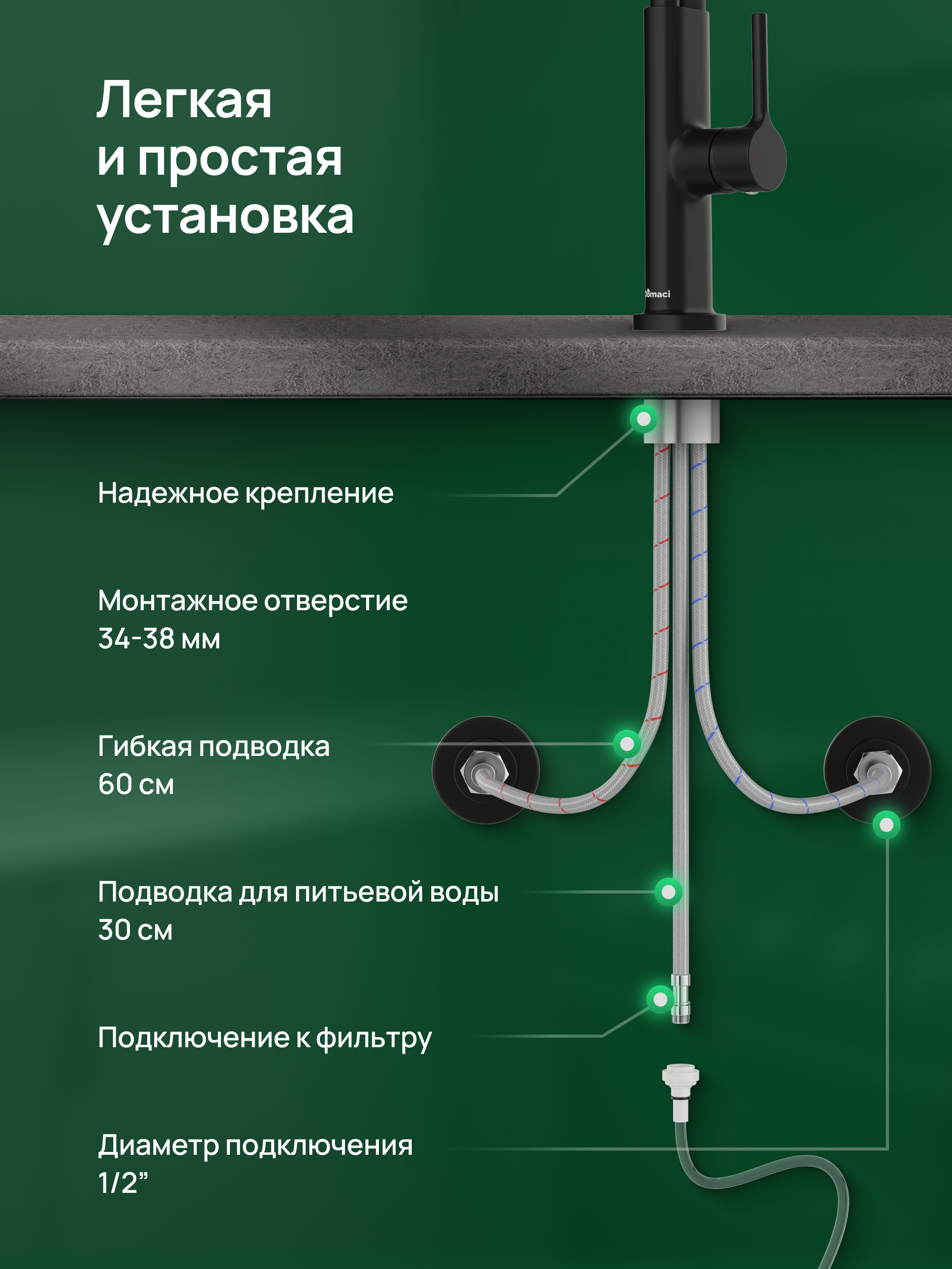 Смеситель для кухни Domaci Римини D569174BK матовый черный, латунный, рычажный, с гибким изливом купить в Тамбове