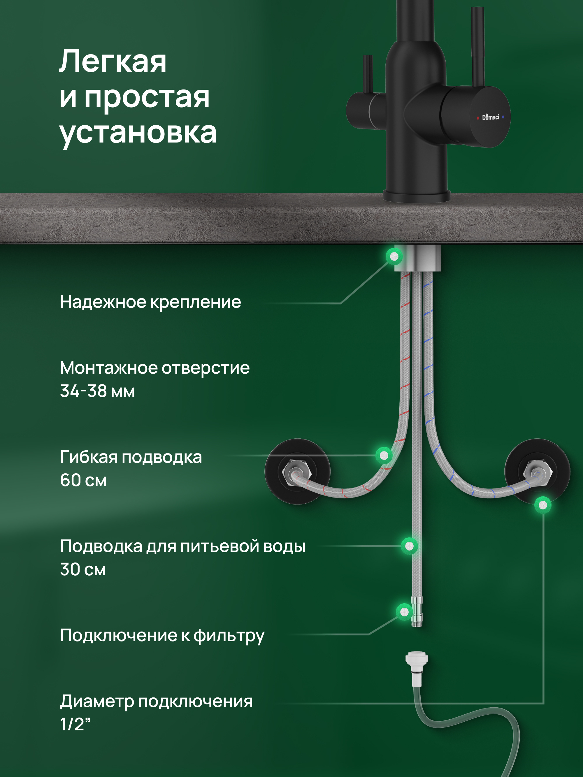 Смеситель для кухни Domaci Ливорно D8649BK матовый черный, нержавеющая сталь, рычажный купить в Тамбове