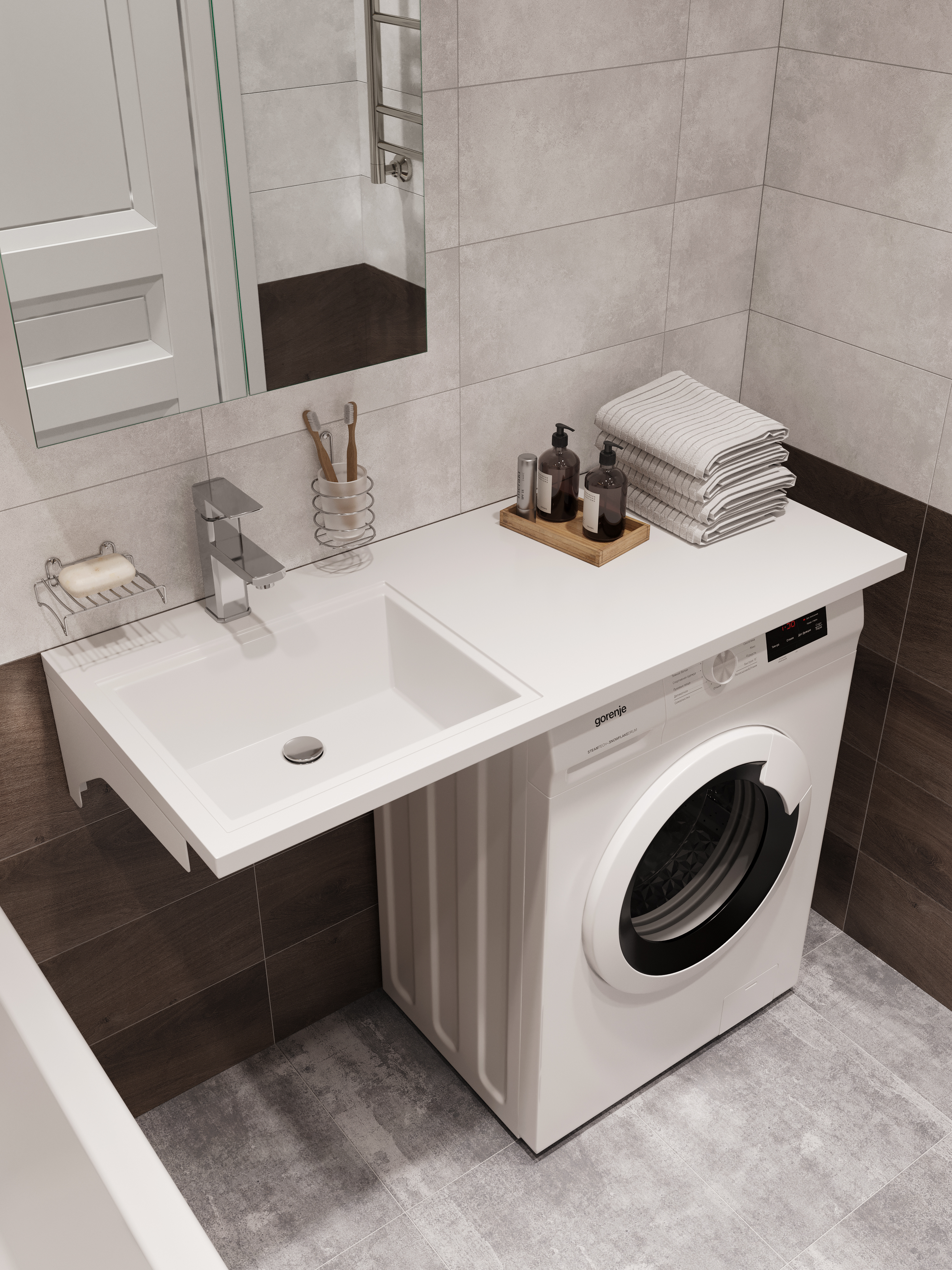 купить Раковина над стиральной машиной DIWO Тольятти 120 L глянцевая белая, прямоугольная, искусственный камень, со столешницей справа, с комплектом кронштейнов
