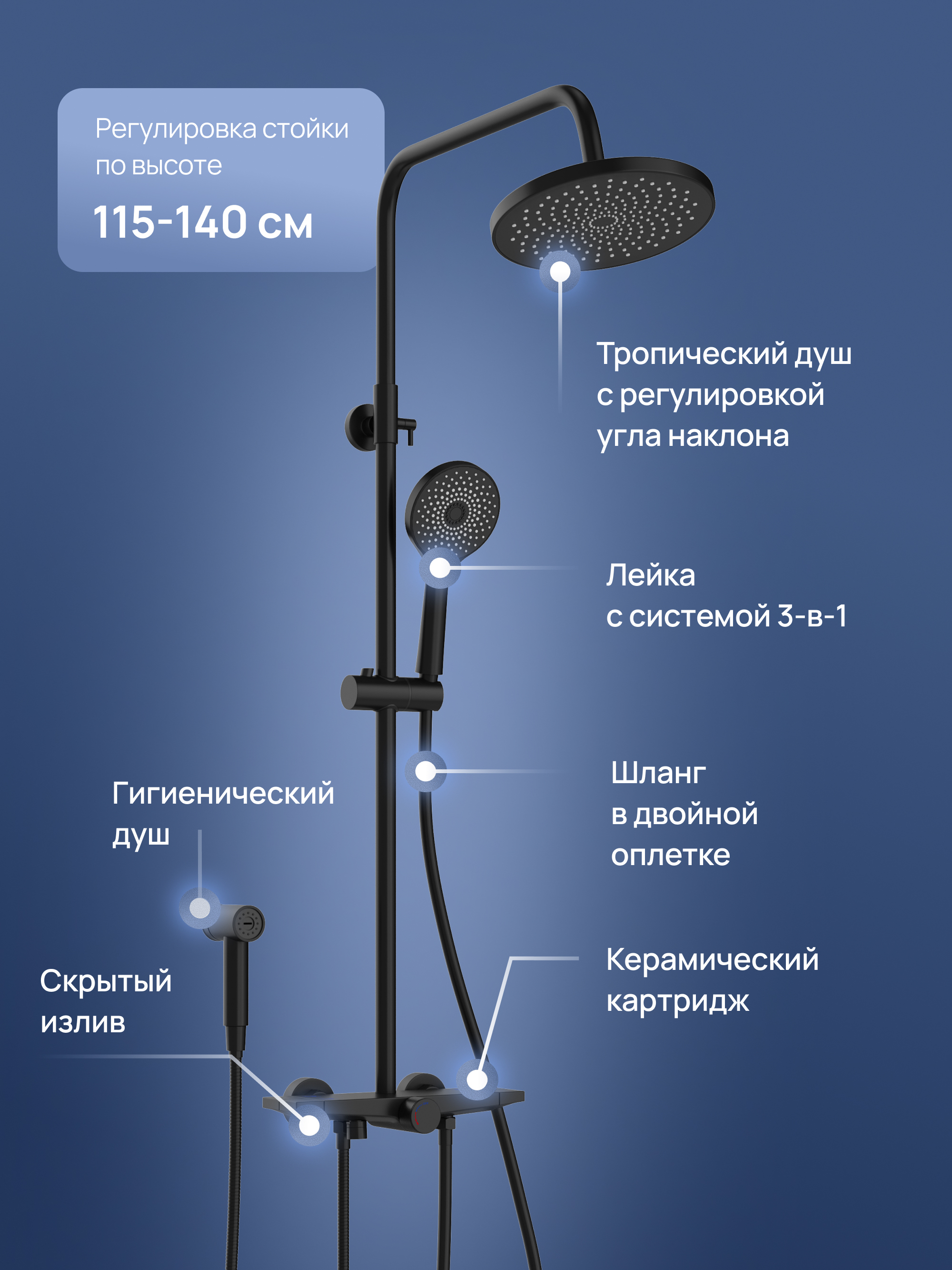 Душевая стойка STWORKI Готланд S13180BK со смесителем, матовая черная купить в Тамбове