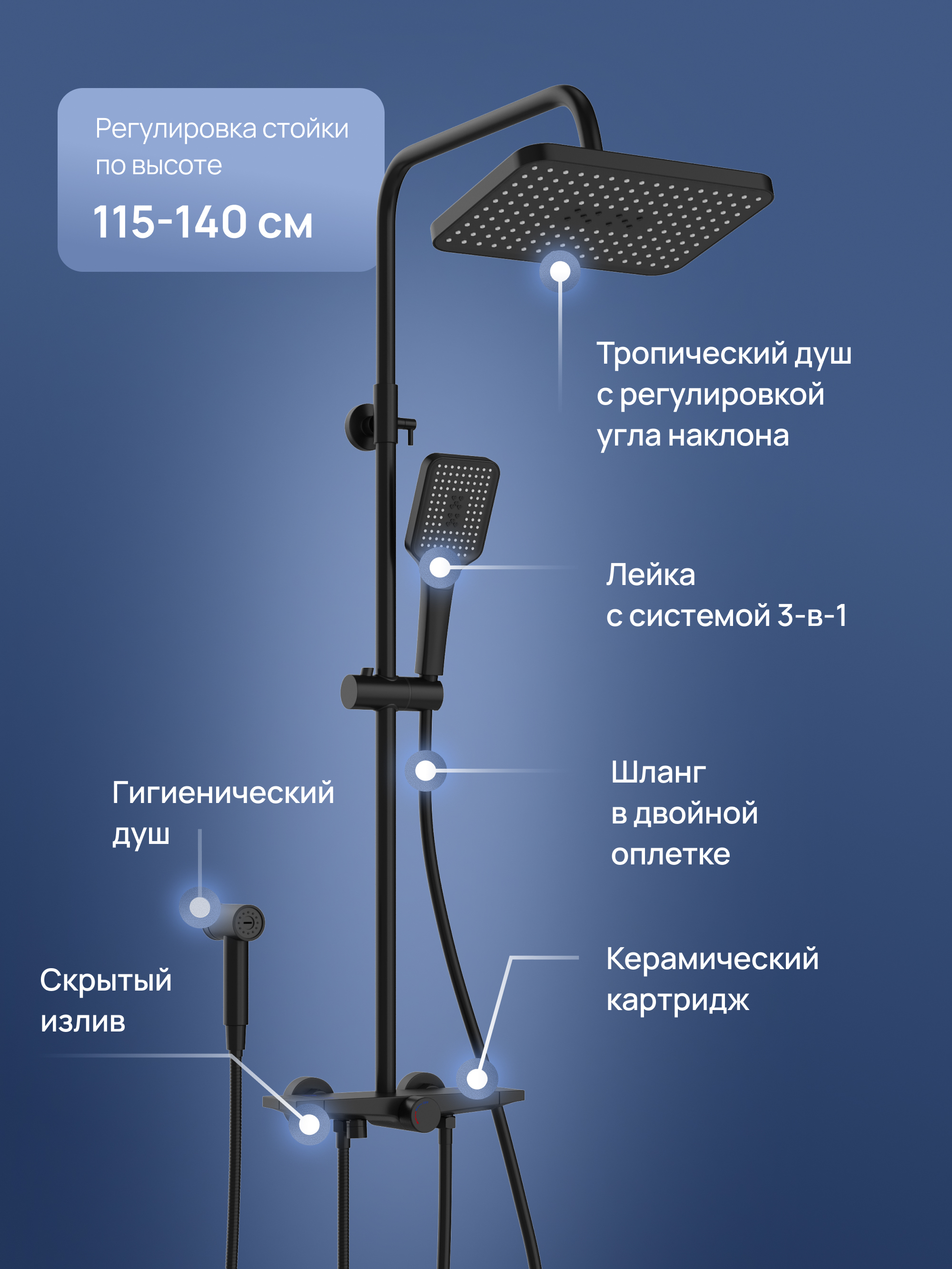 Душевая стойка STWORKI Готланд S13185BK со смесителем, матовая черная купить в Тамбове
