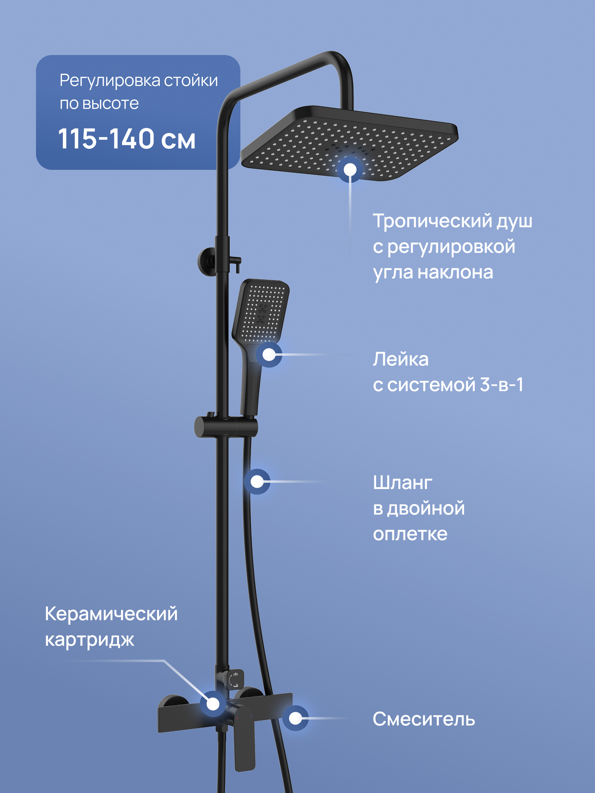Душевая стойка STWORKI Готланд S13165BK со смесителем, матовая черная купить в Тамбове