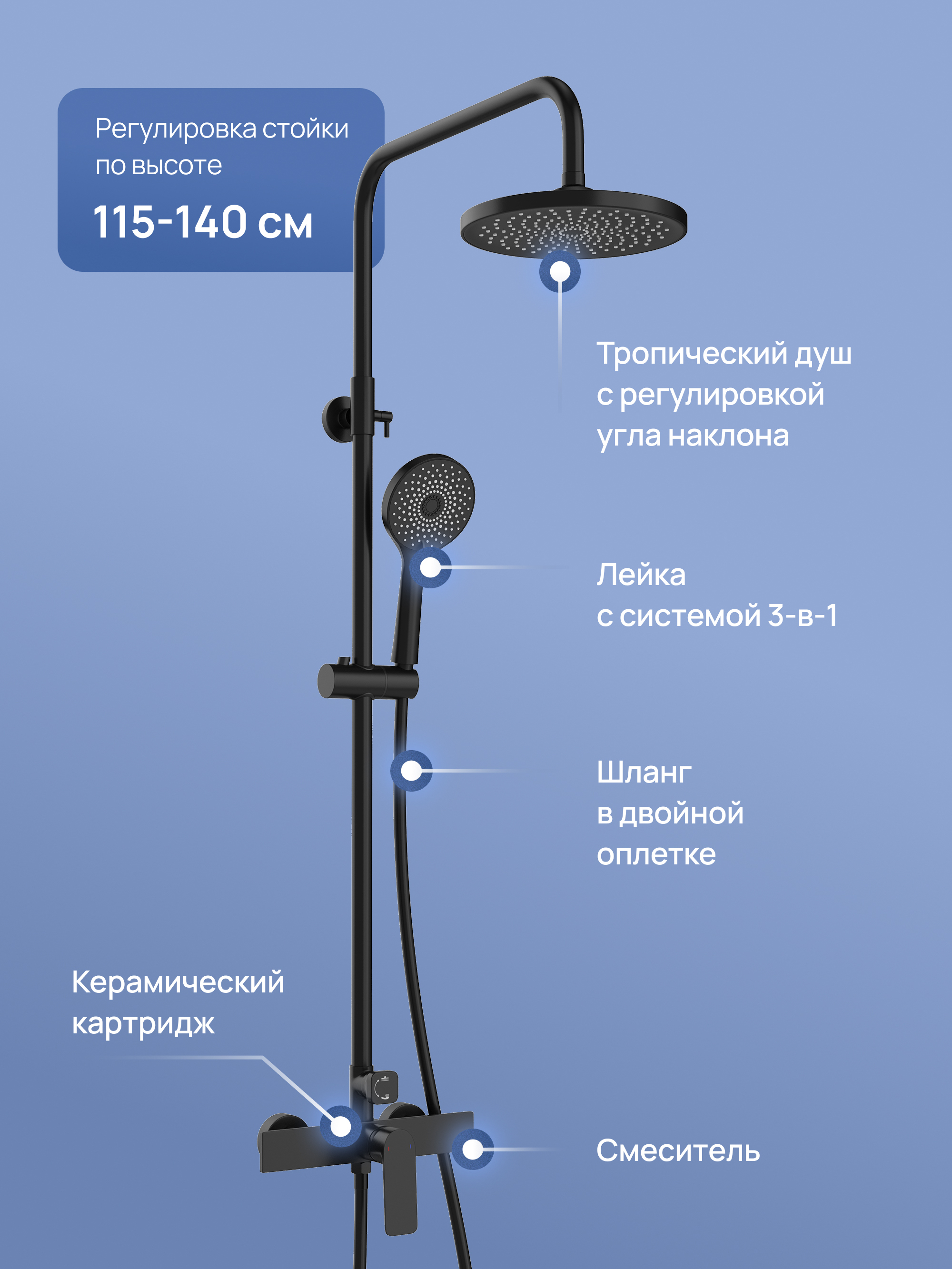 Душевая стойка STWORKI Готланд S13160BK со смесителем, матовая черная купить в Тамбове