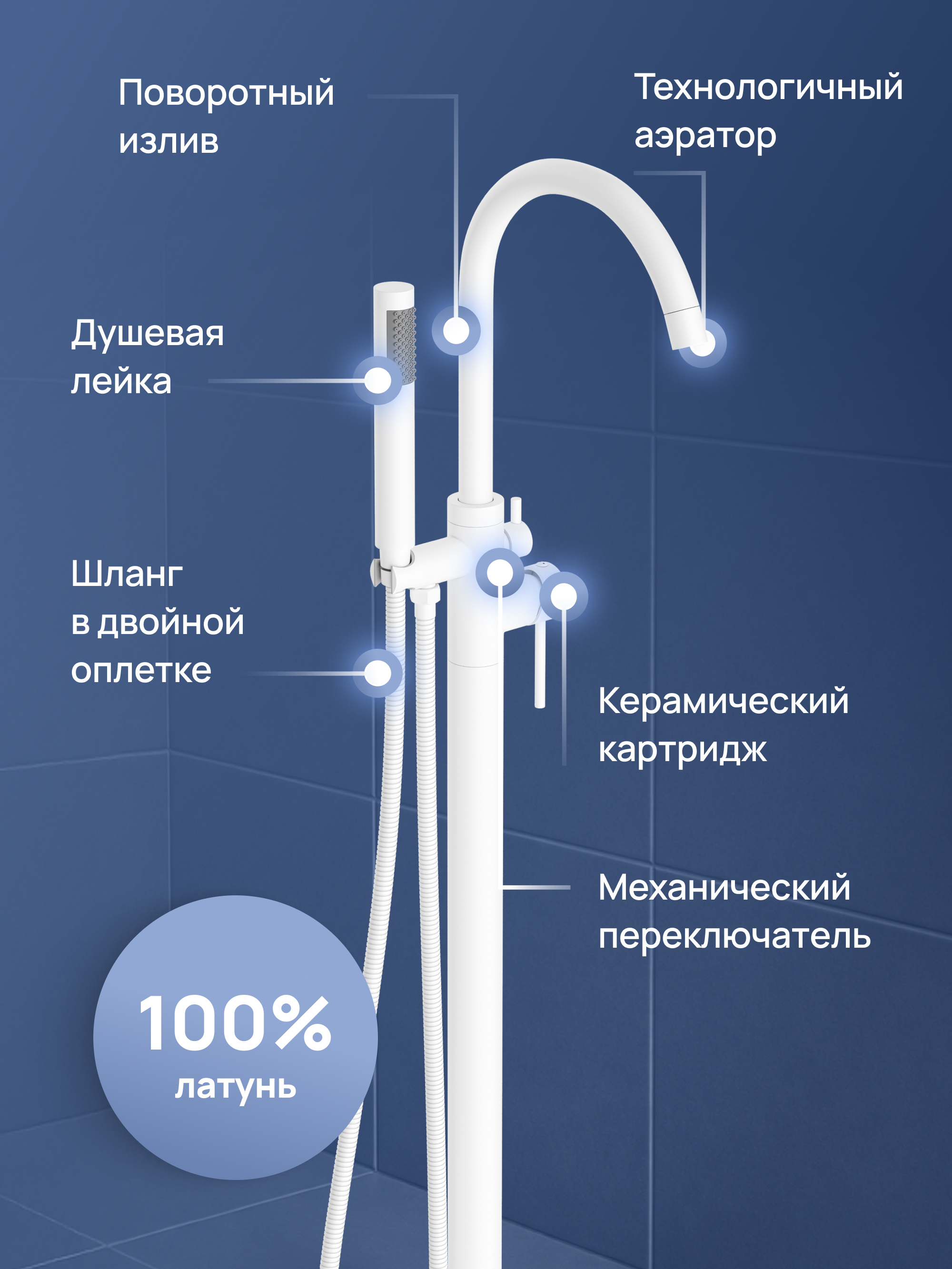 Напольный смеситель для ванны с душем STWORKI Лунд S25130WH матовый белый купить в Тамбове