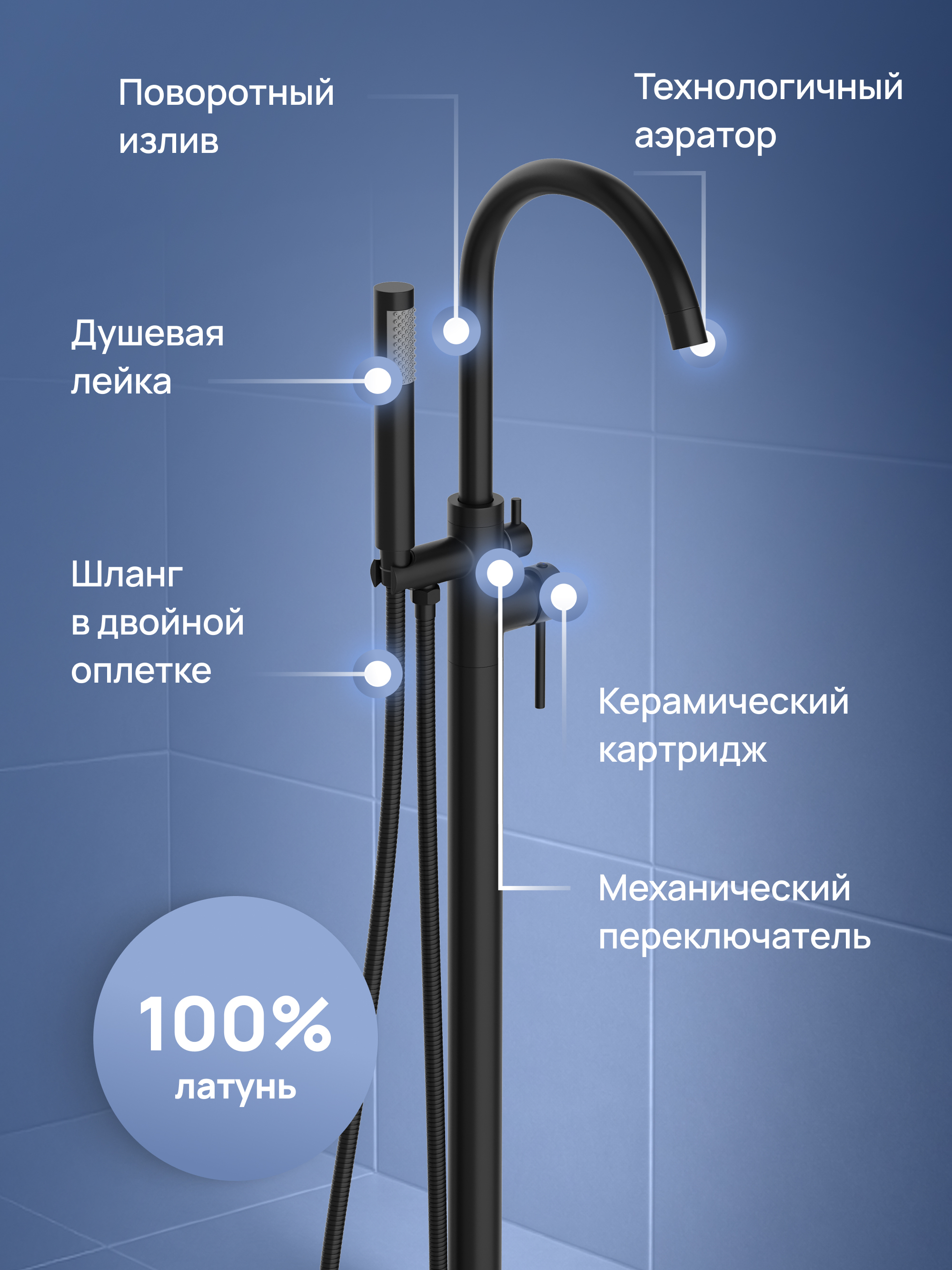 Напольный смеситель для ванны с душем STWORKI Лунд S25130BK матовый черный купить в Тамбове