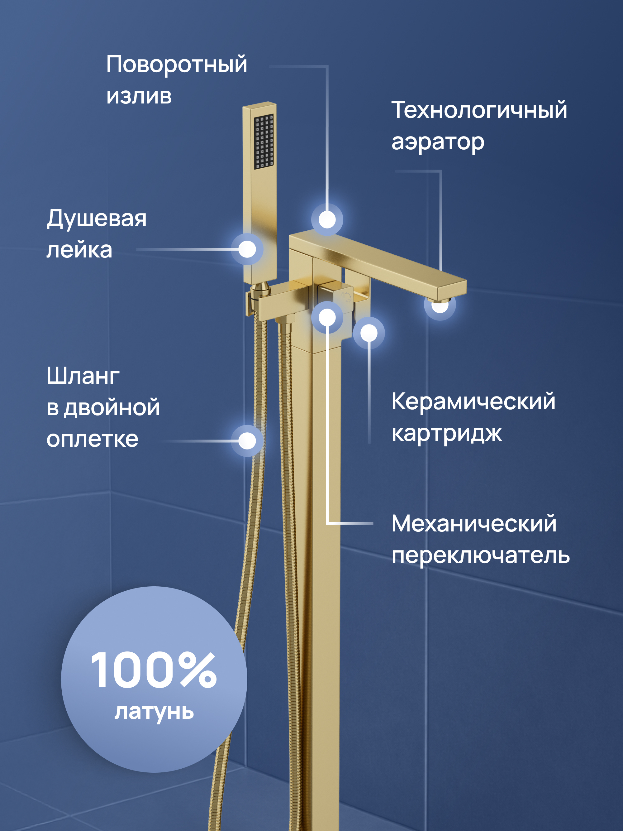Напольный смеситель для ванны с душем STWORKI Карлстад S35130GM матовое золото купить в Тамбове