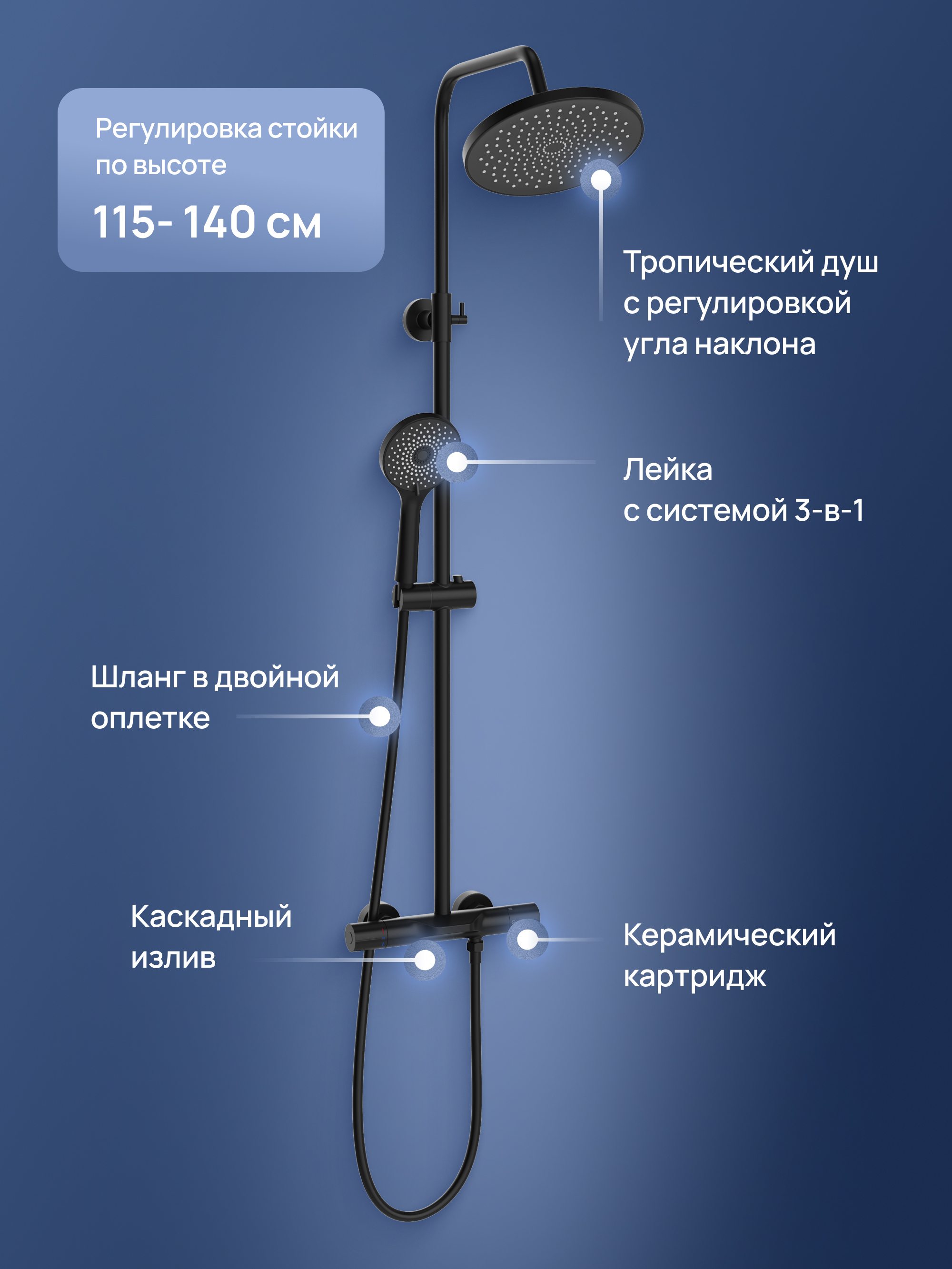 Душевая стойка STWORKI Лерум S04170BK со смесителем, с термостатом, матовая черная купить в Тамбове