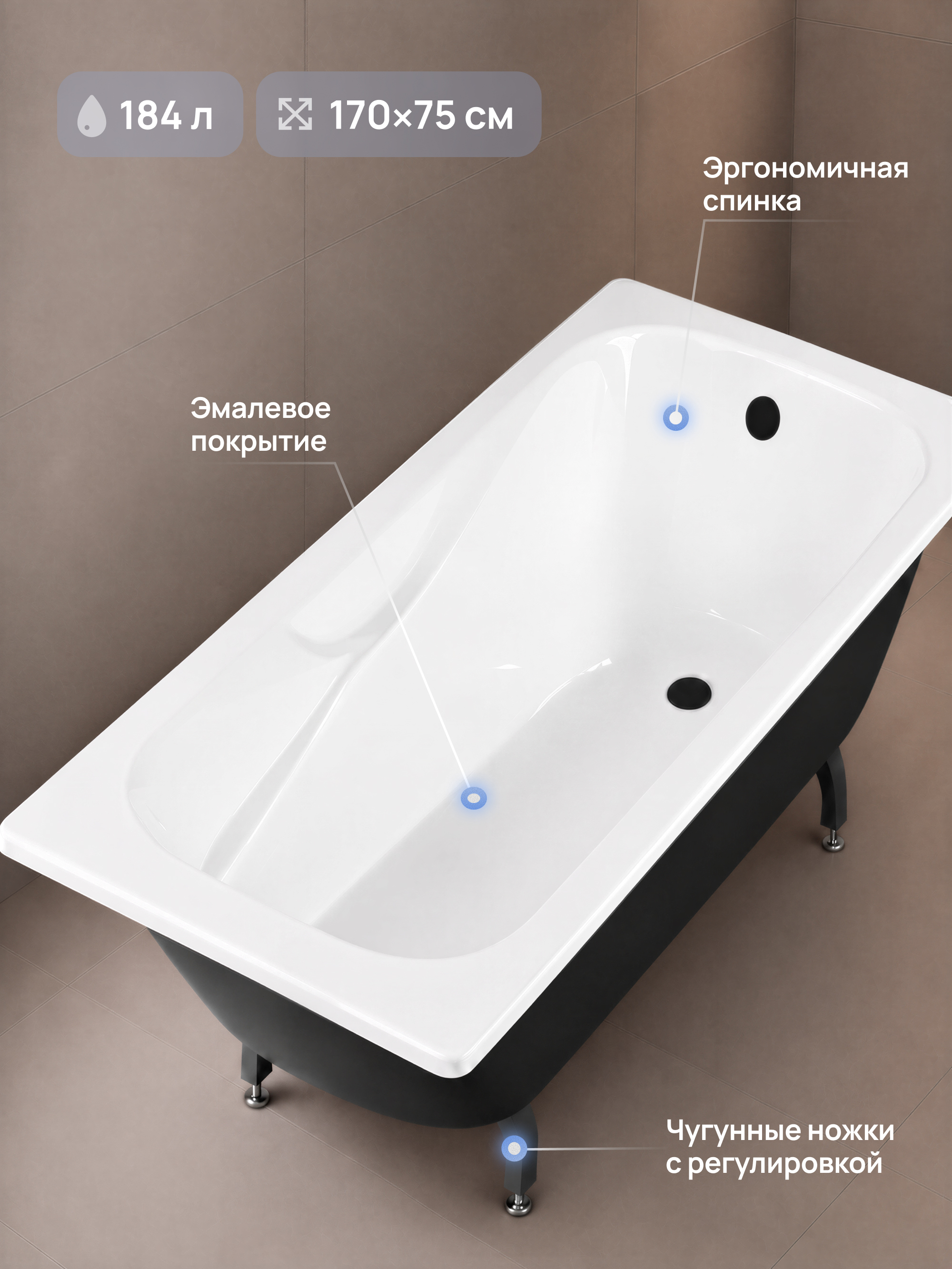 Чугунная ванна STWORKI Мальмё S5417011WH 170x75 см, пристенная, белая, на ножках купить в Тамбове