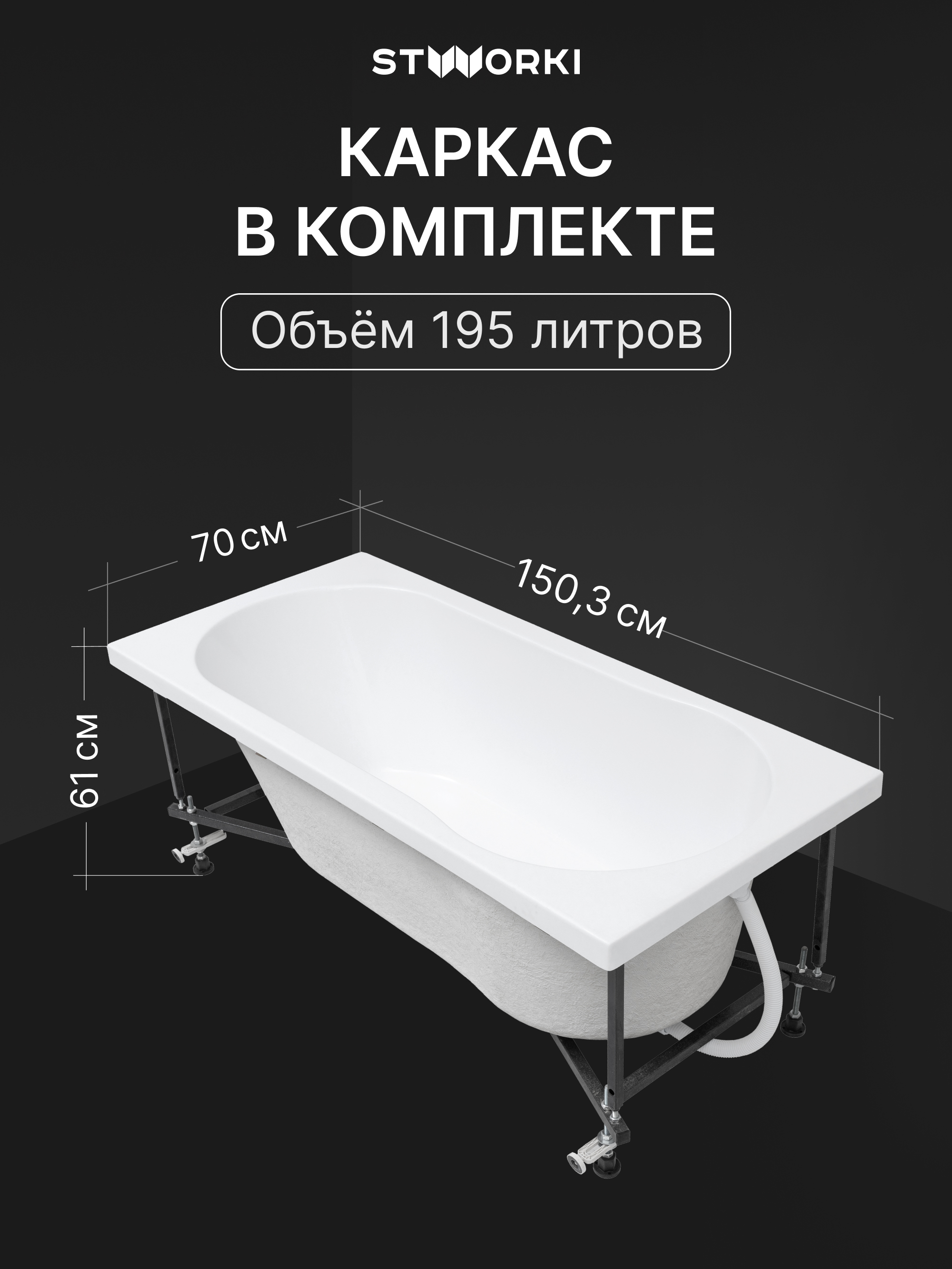 Акриловая ванна STWORKI Хельсинки 150x70 см, встраиваемая, белая, с каркасом купить в Тамбове