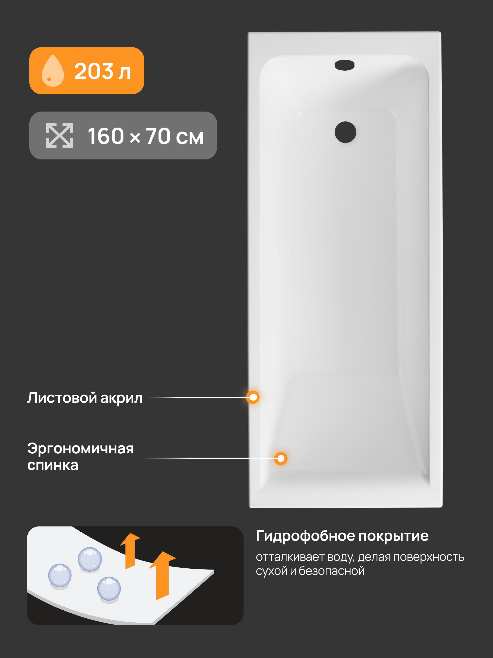 Акриловая ванна DIWO Переславль 160x70 см, пристенная, белая, на ножках купить в Тамбове