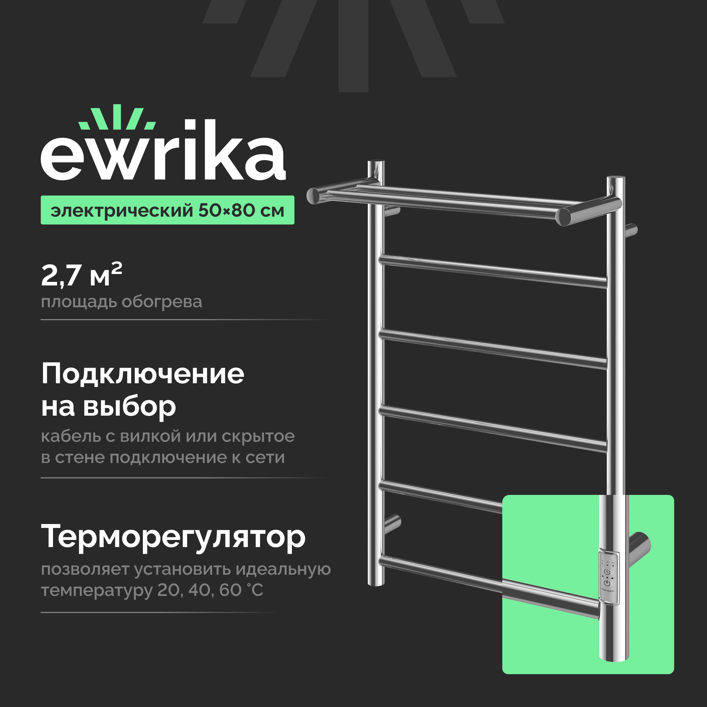 Полотенцесушитель электрический EWRIKA Сафо PN 80x55 см, подключение справа, слева, скрытое подключение справа, хром, лесенка, с полкой