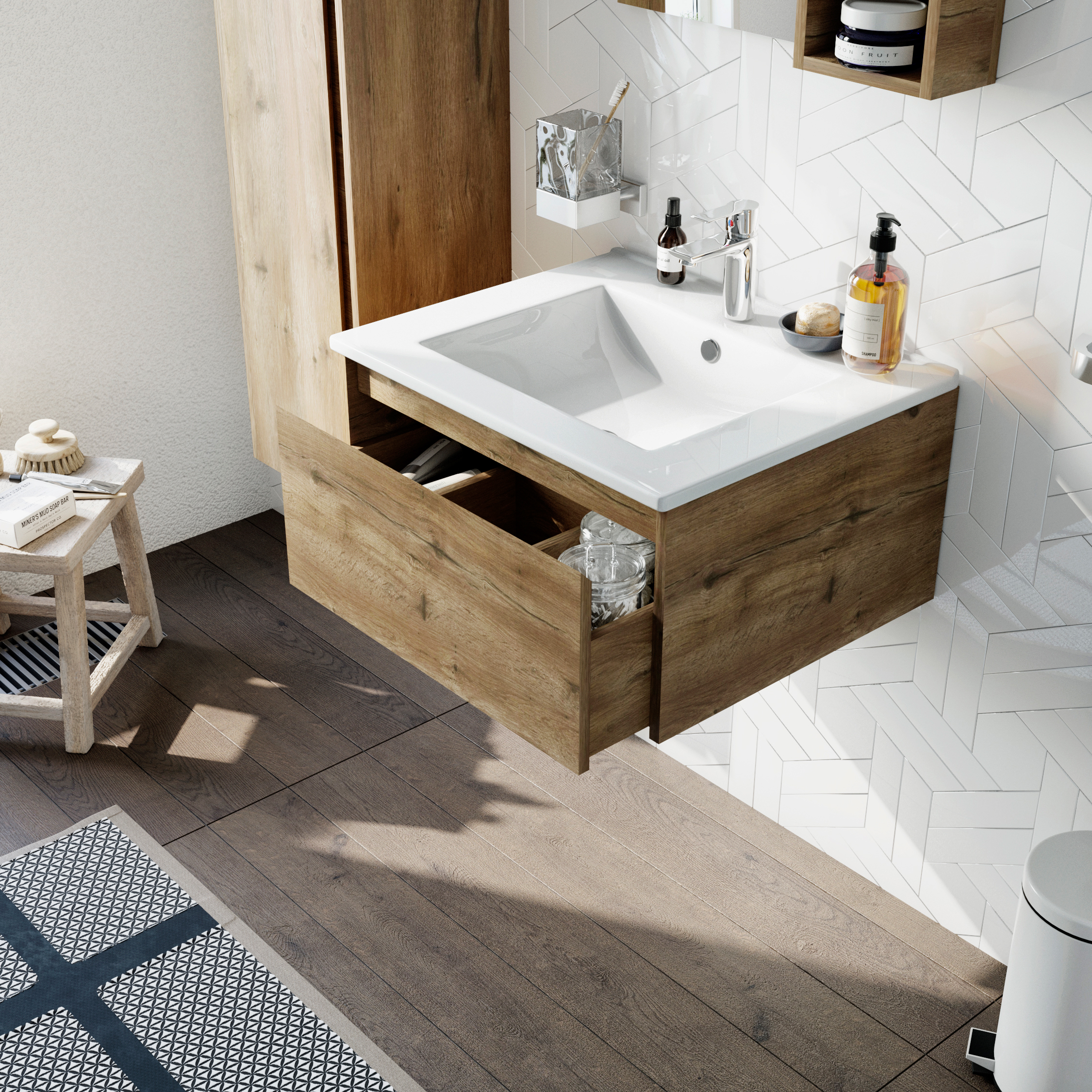 Мебель для ванной комнаты STWORKI Карлстад 60 дуб рустикальный, с белой полкой, под дерево, подвесная, раковина Sanita luxe Quadro 60 купить в Тамбове